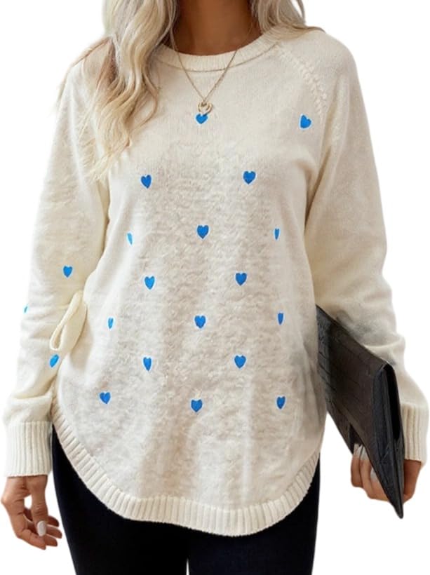 Womens Polka Dot Crewneck Pullover Sweater Tie Knot Flowy Asymmetrical Hem Tunic Knit Tops for Women