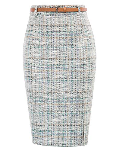 Kate Kasin Women's Tweed Pencil Skirt Knee Length High Waisted Skirts with Slit Elegant Skirts with Belt