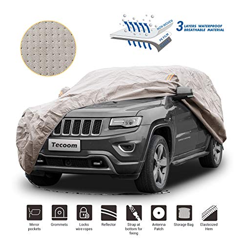 Tecoom Thick Shell Super Breathable Waterproof Windproof Snow Sun Rain UV Protective Outdoor All Weather SUV Car Cover Fit 180-195 Inches SUV