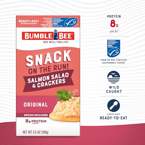 Image of Bumble Bee Snack On The Run! Salmon Salad Kit (Pack of 12) | Ready to Eat Easy-Open Canned Salmon Salad with Crackers Snack Pack, 8g Protein per Box, Wild Caught MSC Certified Seafood