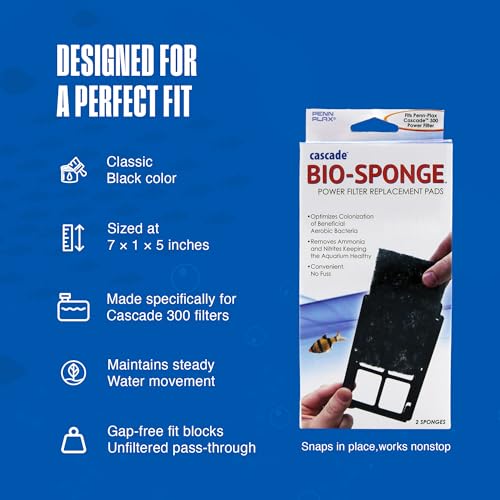 Image of Penn-Plax Cascade 300 Power Filter Replacement Bio Sponge, 2 Pack -Durable Aquarium Filter Media Compatible with Cascade Power Filters -Improves Water Flow & Filtration Efficiency -Black, 7 x 1 x 5 In