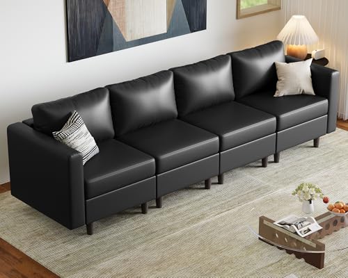 Image of ABCASA Faux Leather Modular Sectional Sofa with Storage Seat, 118.5 inch 4 Seater Couch Deep Seat with Removable Cover Black