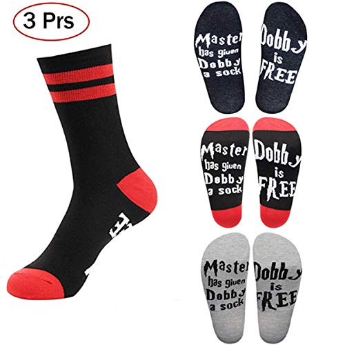 3 Pack Novelty Funny Saying Crew Cotton Socks with Letter Master Has Given Dobby