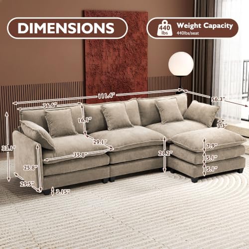 Image of Ihanherry 111.4 inch L Shaped Modern Sofa Modular Sectional Luxurious and Comfortable with Ottoman, 4-Seat Chenille Deep Seat Sofa with Pillow for Living Room, Bedroom and Apartment, Sand