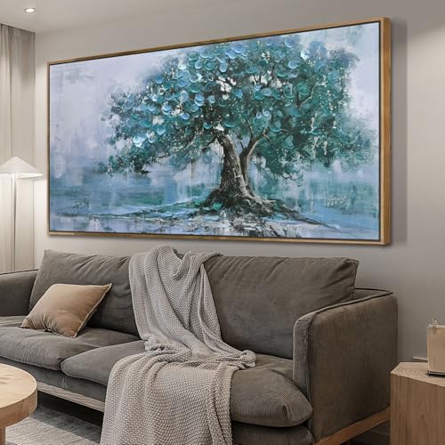 Ardemy Framed Tree Canvas Wall Art for Living Room Teal Tree of Life Landscape Bedroom Pictures Wall Decor Nature Paintings Artwork for Walls Home Office Dining Room Kitchen 58"x29" 58"L x 2