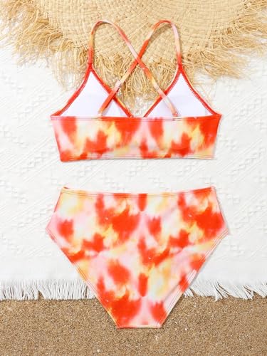 Image of WDIRARA Girl's 2 Piece Boho Tie Dye Swimsuits Ring Linked Criss Cross Bikini Set Beach Bathing Suit