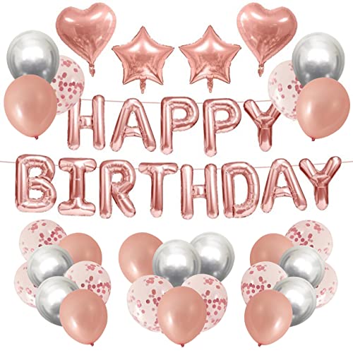 Gioyonil Party-Ballon für Mädchen, mit Aufschrift "Happy Birthday", 4 Stück mit Stern- und Herz-Folienballon, 10 Stück Konfetti-Ballon, 20 Stück Latex-Ballon mit 2 Rollen Band Cover