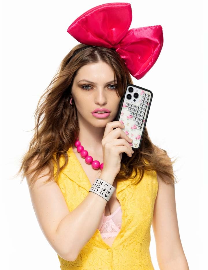 Image of Wildflower Cases - Compatible with iPhone 16 Pro Max | Protective Black Bumper, 4ft Drop Test Certified, Women Owned Small Business | Trendy Original Silver | Stud Pyramid Collection - Vintage Floral