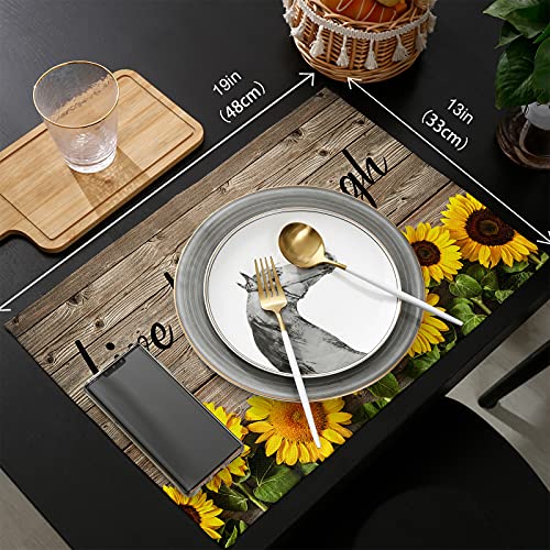 Museday Set Of 4 Placemats Live Love Laugh Farm Sunflower Flower On Retro Wood Grain Heat Resistant Place Mat For Dining Table Washable Non-Slip Table Mats Kitchen Home Decor #TOP5