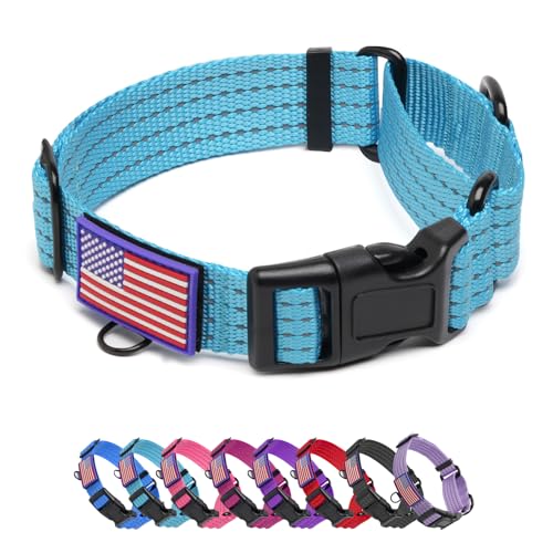 Image of Martingale Dog Collar Reflective NO Pull with USA Flag, L,Sky Blue | Escape Proof without choking,Adjustable Limited Slip Collar with Quick Release Buckle, Nylon Walking Collar for S M L Dogs