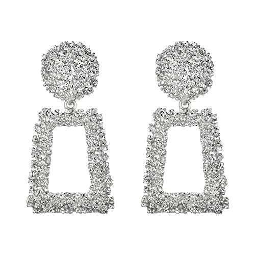 Flyonce Metal Statement Silver Rectangle Geometric Earrings, Large Square Drop Dangle Earrings For Women Girls #TOP4