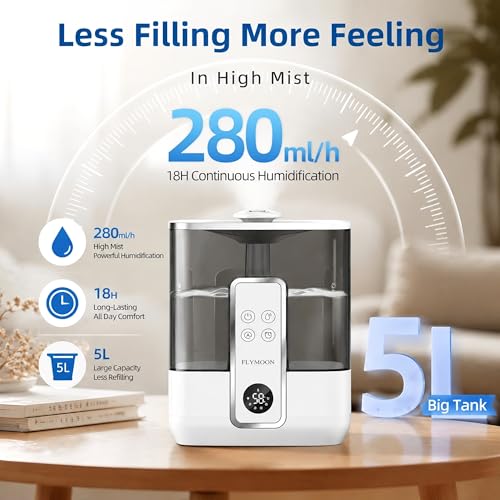 Image of FLYMOON Top Fill 5L Cool Mist Humidifiers with 28dB | Tuya App & Touch Control, Auto-Off, 12H Timer, 50 Hour Runtime, Ultra-fine Mist, Ideal for Bedrooms