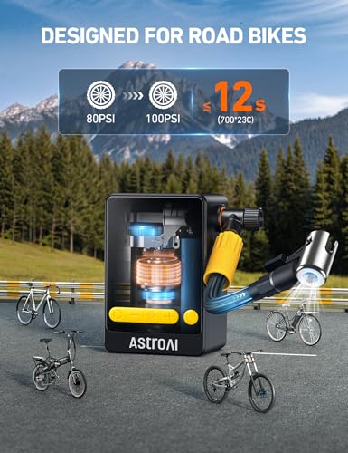 Image of AstroAI Bike Pump, 12s Fast Inflate Electric Bicycle Pump, 150PSI Tire Inflator Portable Air Compressor, Ball Pump with Tire Pressure Gauge & LED Light, L10 Mini Air Pump Suitable for Car Tires, Bikes