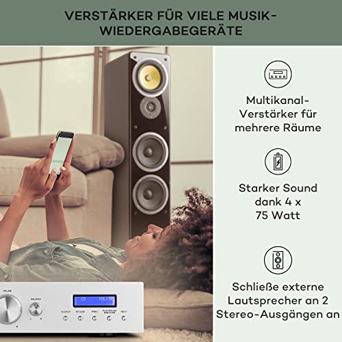 Auna Verstärker, HiFi Stereo Mini Verstärker, HiFi-Verstärker mit Bass & Treble Regler, 2 Kanal...