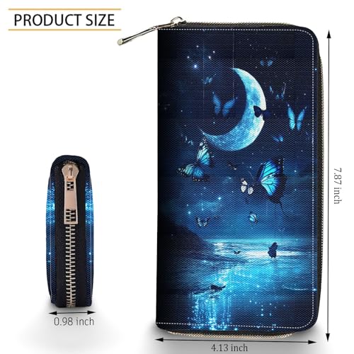 Bxgolkgd Womens Wallet, RFID Blocking Leather Wallet,Large Capacity Wallet Credit Card Holder PU Leather Ladies Clutch with Zipper Coin Pocket - Moon Blue Butterfly2