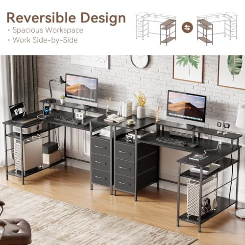 47 Inch L Shaped Gaming Desk with Power Outlets and LED Lights, Reversible Computer Desk with File Drawers & Monitor Stand, Corner Gamer Desk Table for Home Office with Storage Shelves, Black - Image 6