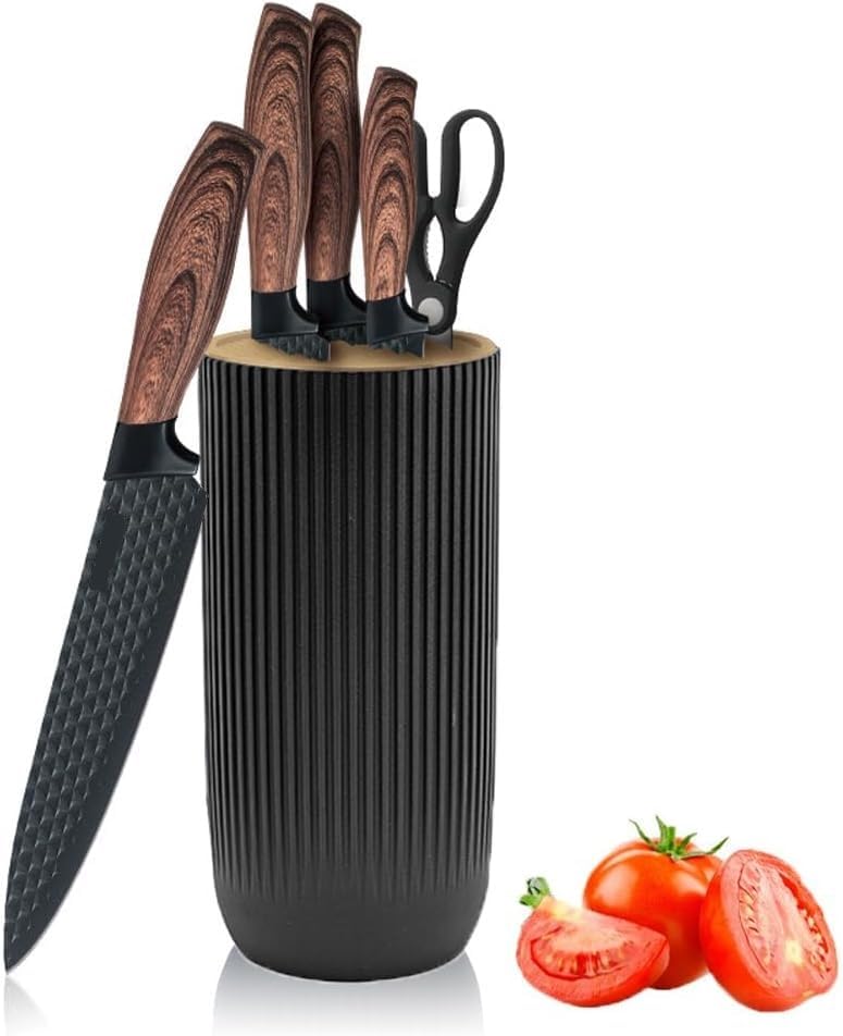 Image of Luxury 6 in 1 Wooden Coating Knife Set Light Wood Grain Handle Anti-Rust Non-Stick Stainless Steel Sharp Edge with 4 Knifes, 1 Stand, 1 Scissor for Hotel, Travel, Meat, Fruits (Black)