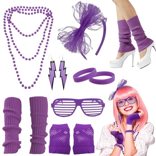 HZHSGLY 11 PCS 80s Accessories for Women, 80s Fancy Dress with Lightning Earrings Fishnet Gloves Leg Warmers Bow Headband Necklace Bracelets Glasses for 1980s Party, Dress up Day (Purple)