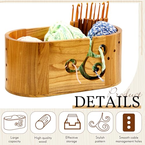 Image of Marsui Yarn Bowl for Crocheting with 9 Knitting Hooks 3 Holes Curly Design Wooden Crochet Yarn Holder 10.79 x 5.47 x 4.72 Inch Oval Baskets for Knitting Storage for Knitters Lover Mother Gifts