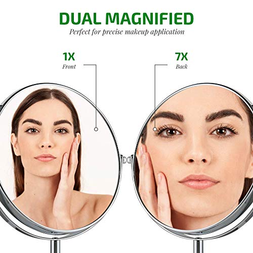 Image of OVENTE 8 inch Tabletop Magnifying Makeup Mirror, Polished Chrome MNLMT80CH1X7X | Vanity Standing Mount Mirror with Double Sided 1X /7X Magnification, 360 Rotation, Perfect for Dresser Bedroom Office Desk