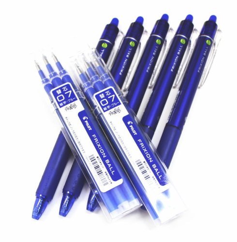 Pilot Frixion Ball Knock Retractable Erasable Gel Ink Pens,fine Point, 0.7 mm - Blue Ink- Value Set of 5 & 6 Gel Ink Pen Refill Pack
