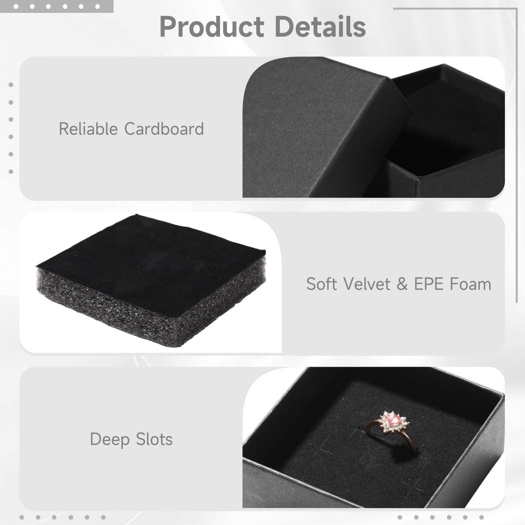 Lot de 36 boîtes à bijoux en papier kraft, carrées en carton noir avec doublure en mousse et fentes pour mariages, boîtes d'emballage de bijoux pour bagues, colliers et boucles d'oreilles, 7,5 x 7,5 x