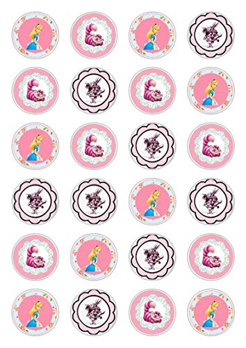 Ediblecakedecorations Lot de 24 décorations comestibles en Papier Comestible pour gâteaux Motif Alice au Pays des Merveilles