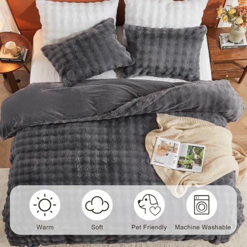 Image of EMME Fluffly Faux Rabbit Fur Bubble Comforter Set Queen, Dark Grey