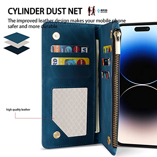 ZZXX iPhone 14 Pro Max Case Wallet with [RFID Blocking] Card Slot Soft PU Leather Zipper Flip Folio with Wrist Strap Kickstand Protective Cover for iPhone 14 Pro Max Wallet Case(Blue-6.7 inch)