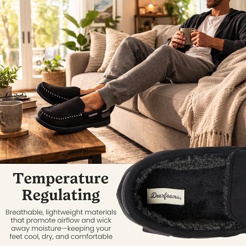 Image of Dearfoams Men's Keaton Moccasin House Shoes With Memory Foam, Indoor Slippers With Wide Widths