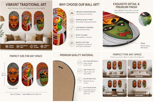 Image of Dakshestry Artworks Kathakali Wall Art Set of 3 Frames | Kerala Traditional Face Painting Wall Decor | Premium Oval Framed Artwork for Living Room, Hallway & Office | Indian Cultural Home Decoration | Ready to Hang