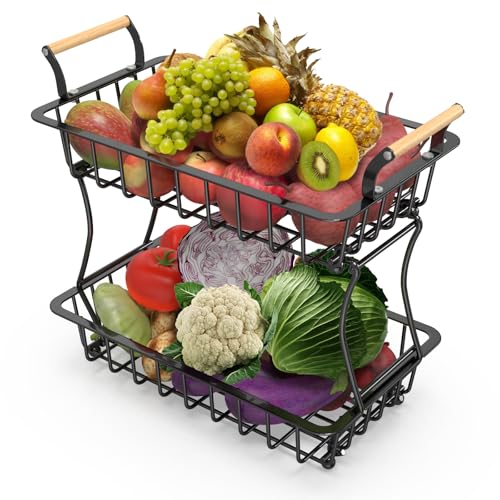 HUWAIGOU 2-Tier Fruit Basket for Kitchen Counter – Large Metal Fruit Bowl Holder Stand with Wooden Handle for Apples, Oranges, Vegetables – Fruteros para Cocina, Countertop Organizer, Black