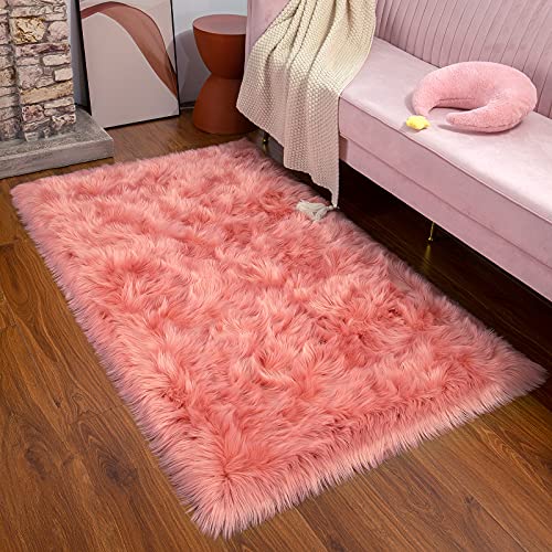 Maxsoft Fluffy Fur Rug For Bedroom, 3 X 5 Feet Coral Shaggy Faux Sheepskin Rugs For Girls Room Washable thumb #2