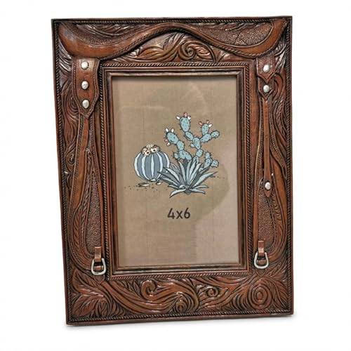 Image of The Bridge Collection Rustic Western 4x6 Photo Frame - Rustic Saddle and Tooled Leather Design - Cowboy Themed Picture Frame for Farmhouse and Ranch Decor