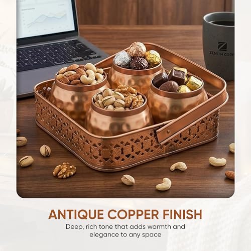 Image of Sanvatsar Square Shape Metal Basket with Jar Tray 4 Copper Flower Container Dry Fruits Chocolate Sweets Candys Gifts Set for Office, Home Decor Table Decoration Item (Pack of 4)