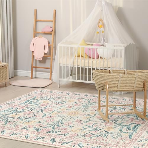 Morebes Floral Pink Rugs for Bedroom Girls, Washable 5x7 Large Area Rug for Living Room Non Slip, Vintage Low-Pile Indoor Floor Boho Flower Carpet for Kids Nursery Playroom, Light Pink&Green - Image 4