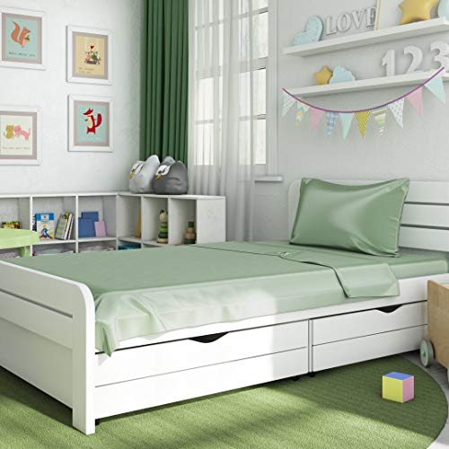 Mulberry Park Silks Goodnight Green Twin Sheet Set - Grade 6A Pure 19 Momme Charmeuse Silk Bedding - Improves Child Sleep, Soft Gentle on Skin & Hair - Oeko-TEX Certified