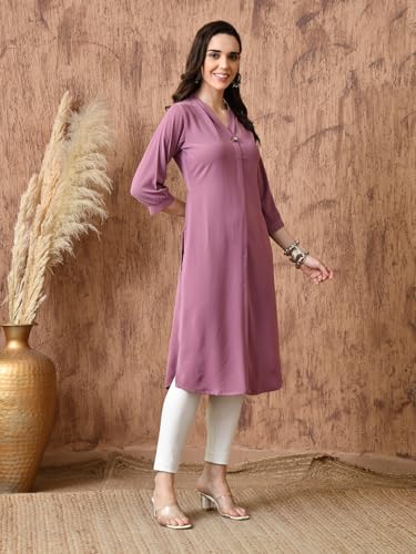 Image of nioni Women's Straight Solid Kurti with V-Fold Neck | Rayon Lycra Material | Fashionable Micro Pleates | 3 /4th Sleeve Kurta for Woman & Girls (S to 2XL)