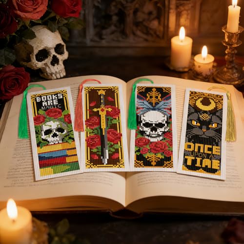 Image of ACRNIGHEET 6PCS Cross Stitch Bookmark Kit for Beginner Gothic Stamped Cross Stitch Kits Needlepoint Kit for Adults DIY Tassel Embroidery Bookmark Kits with Instructions Craft Gift 8.5 inchx3 inch 11CT