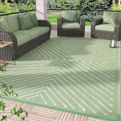 Garvee 5x8 Striped Outdoor Waterproof Rug - Reversible Modern Striped Plastic Straw Patio Mat Portable RV Camping Rug for Picnic Beach Balcony Deck - UV Protected & Easy to Clean Green&White.
