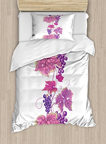 Ambesonne Vineyard Duvet Cover Set, Vibrant Colored Twiggy Branch with Berries Leaves Plants Trees Wild Habitat, Decorative 2 Piece Bedding Set with 1 Pillow Sham, Twin Size, Fuchsia Purple