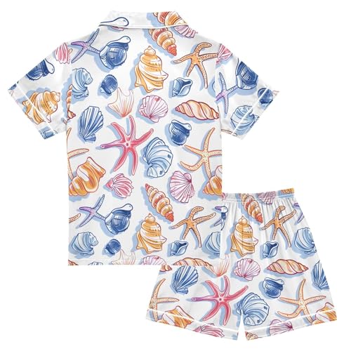 ALAZA Seashell Starfish on White Satin Pajamas Set Short Sleeve Button Down Sleepwear Summer Pjs 2 Piece2