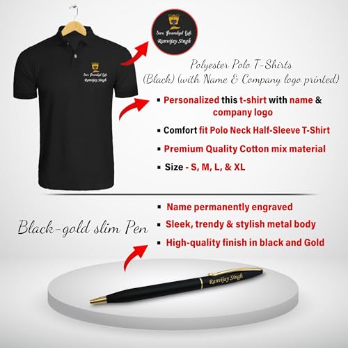 Image of SAVRI Personalized Corporate Gift Set -Custom Engraved Pen, Leather Diary, Bottle, Metal Keychain, Printed Mouse Pad & Black Polo T-Shirt with Name & Company Logo | Employee Welcome Kit & Office Gifts