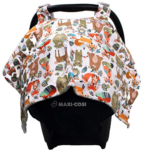 Image of Dear Baby Gear Deluxe Baby Car Seat Canopy Cover, Tribal Woodland Forest Animals, Dot, White