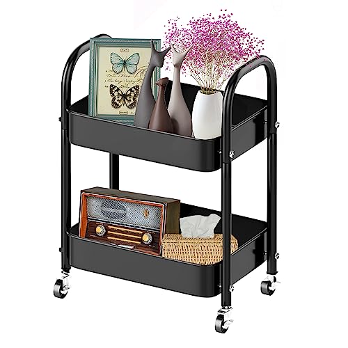 Melody House 2 Tier All-Metal Rolling Storage Cart with Handle and Locking Wheels - Kitchen, Laundry, Office, Bathroom Organizer, Black