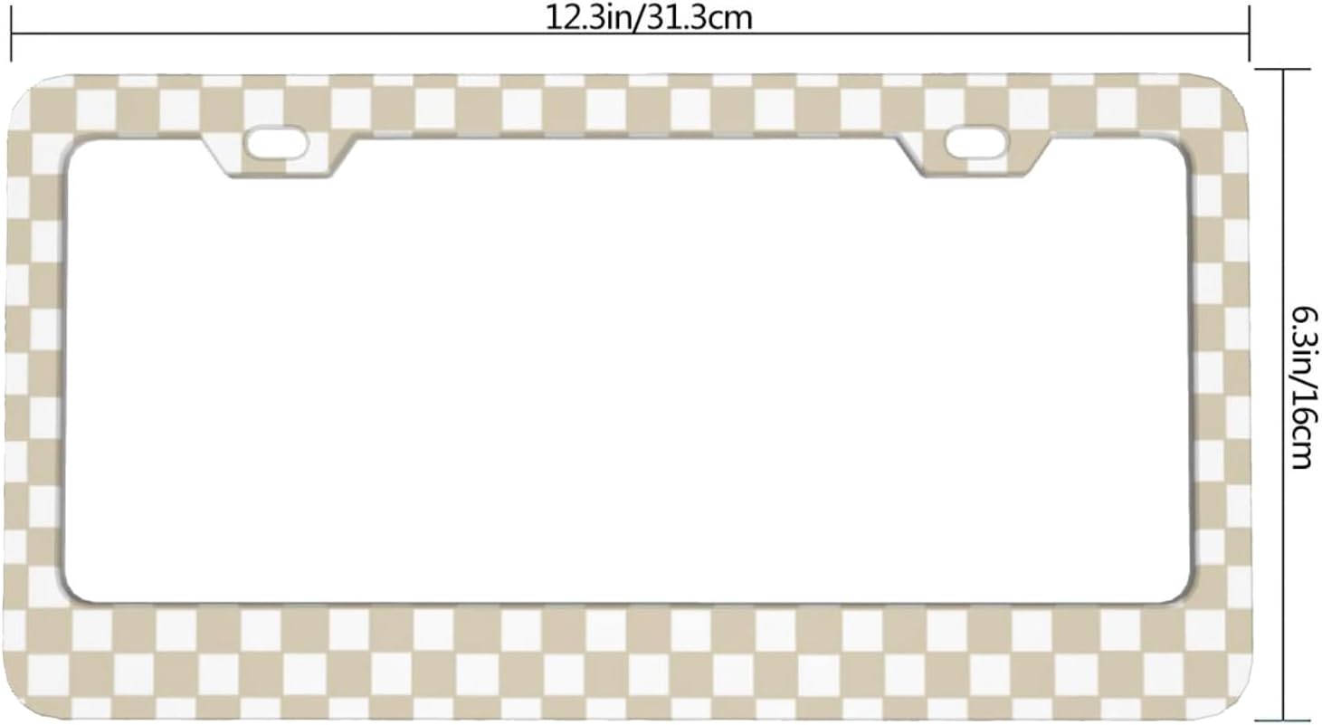 Brown White Checkered License Plate Frame Car Accessories for Women Men Stainless Steel License Plate Frames Cars Decor with Screws Fits Standard US Vehicles 12.2 X 6 in