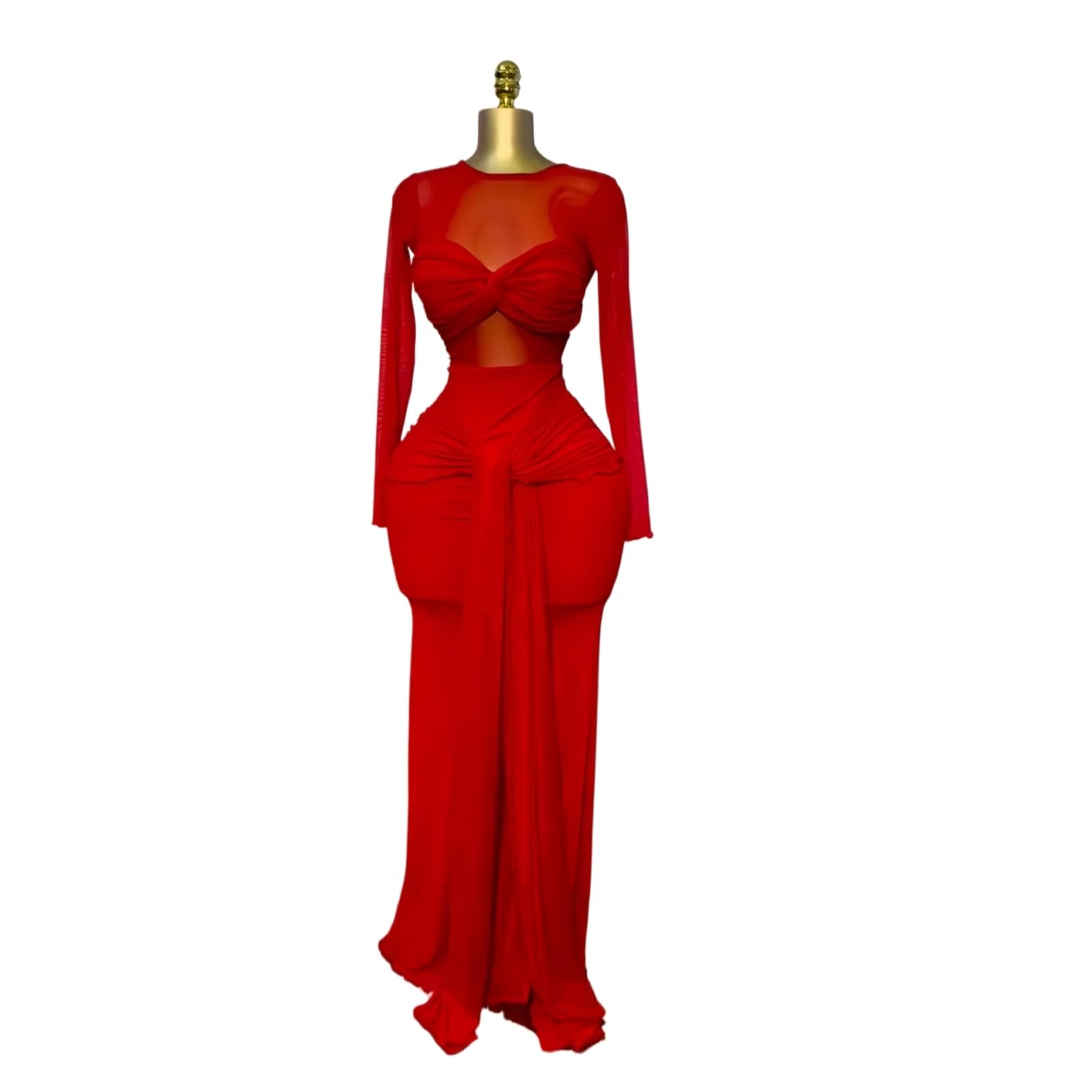 Vestito Donna Maglia Maxi Abito Manica Lunga Arco Dettaglio Sheer Elegante Festa Sera Vacanza Indossare-Red-l