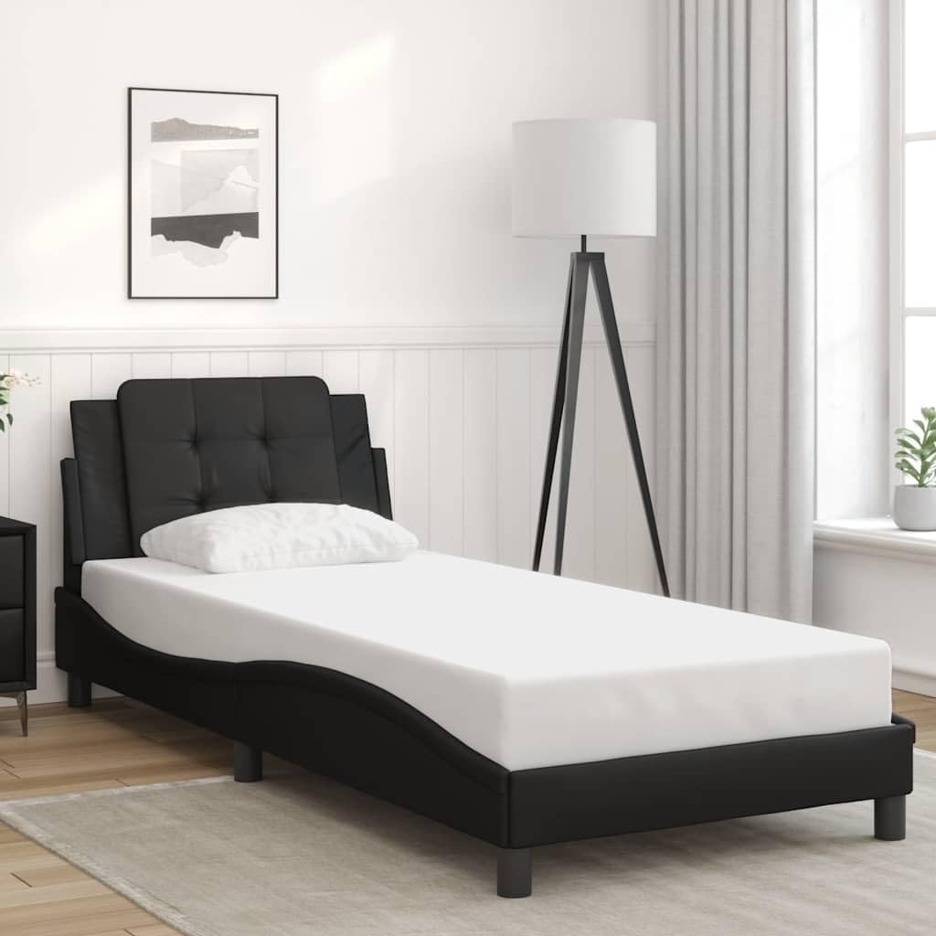 Black Faux Leather Bed Frame Single Size with Cushioned Headboard Durable Solid Wood Platform Foundation Easy Assembly Modern Minimalist Bedroom Furniture for Mattress Support