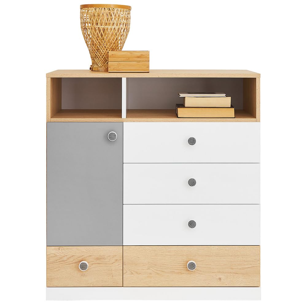 Lomadox Kommode Anrichte Kinderzimmer Jugendzimmer, Eiche mit weiß und grau