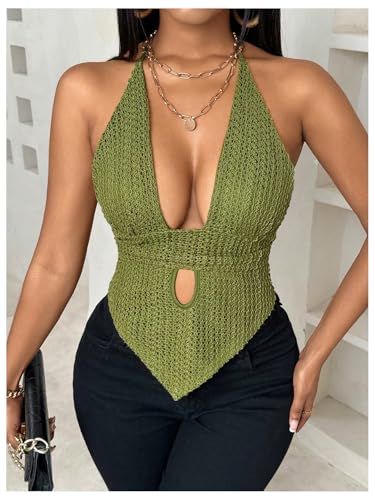 SOLY HUX Women's Deep V Neck Cut Out Halter Top Tie Backless Asymmetrical Hem Summer Tops3